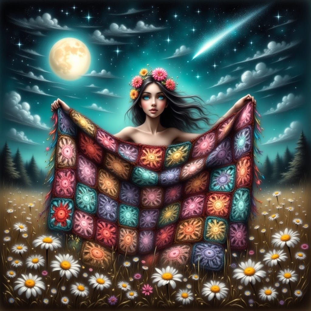 Hippie Girl with Crochet Blanket Under Starry Sky