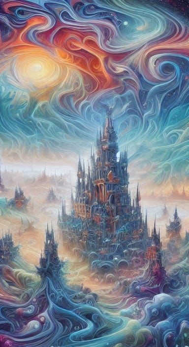 <lora:Uncanny Scenery:1.0> In the realm of surreal fantasy, reality bends and twists into a kaleidoscope of the impossib...