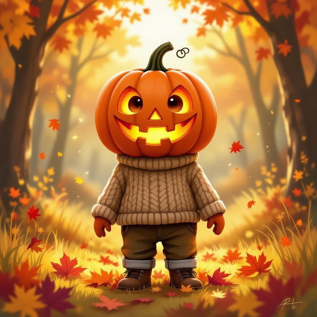 Whimsical Pumpkin Person in Autumn Forest