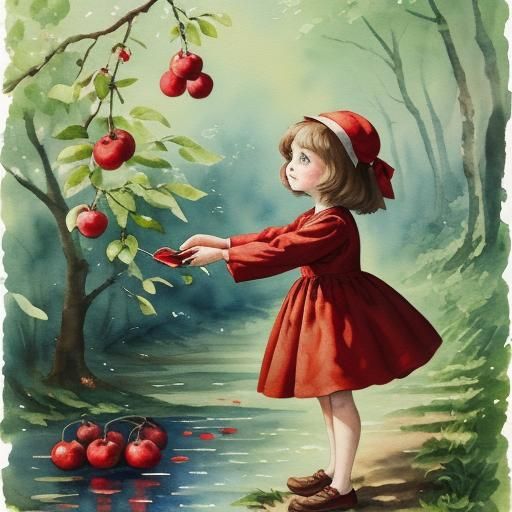 Little Girl Picking Plums in Gouache Style
