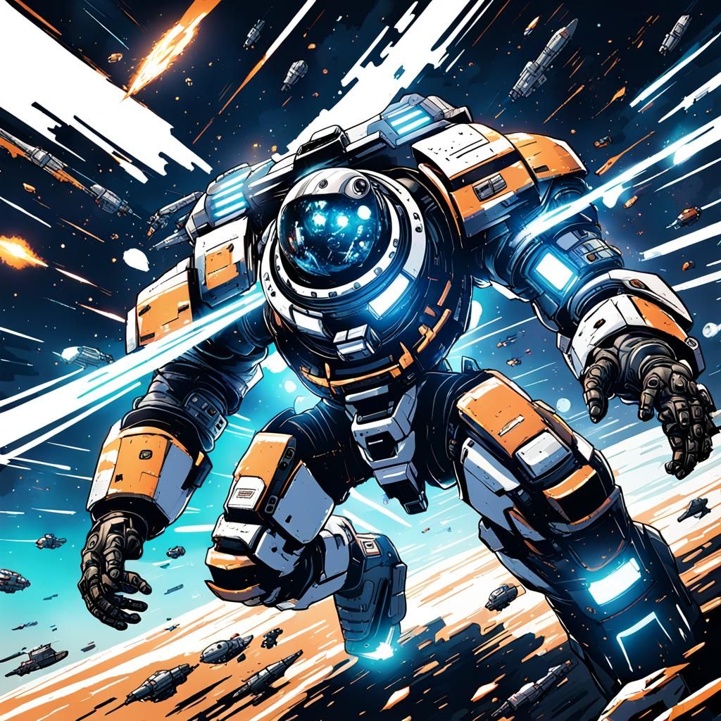 Epic Space Battle with Damaged Exosuit in Anime Style