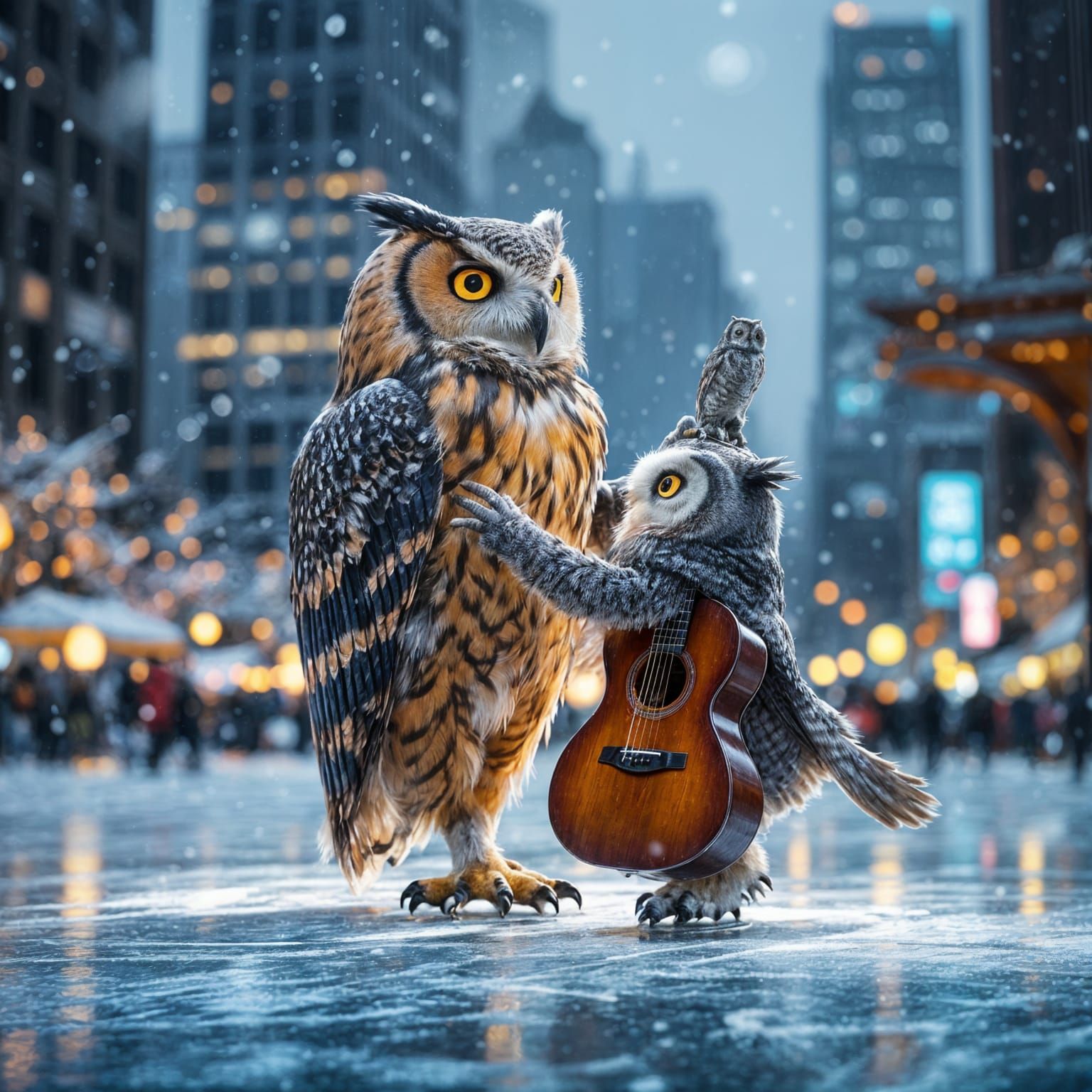 Owl Guitarist Ice Skating in Snowy New York