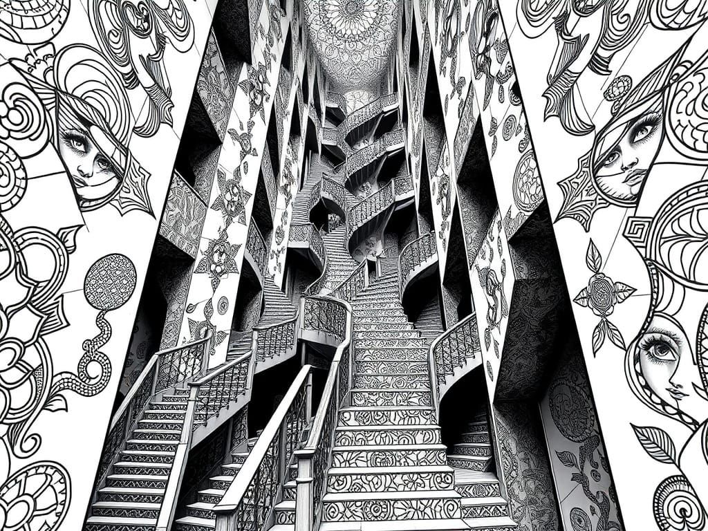 Escher-Inspired Geometric Staircase in Black and White