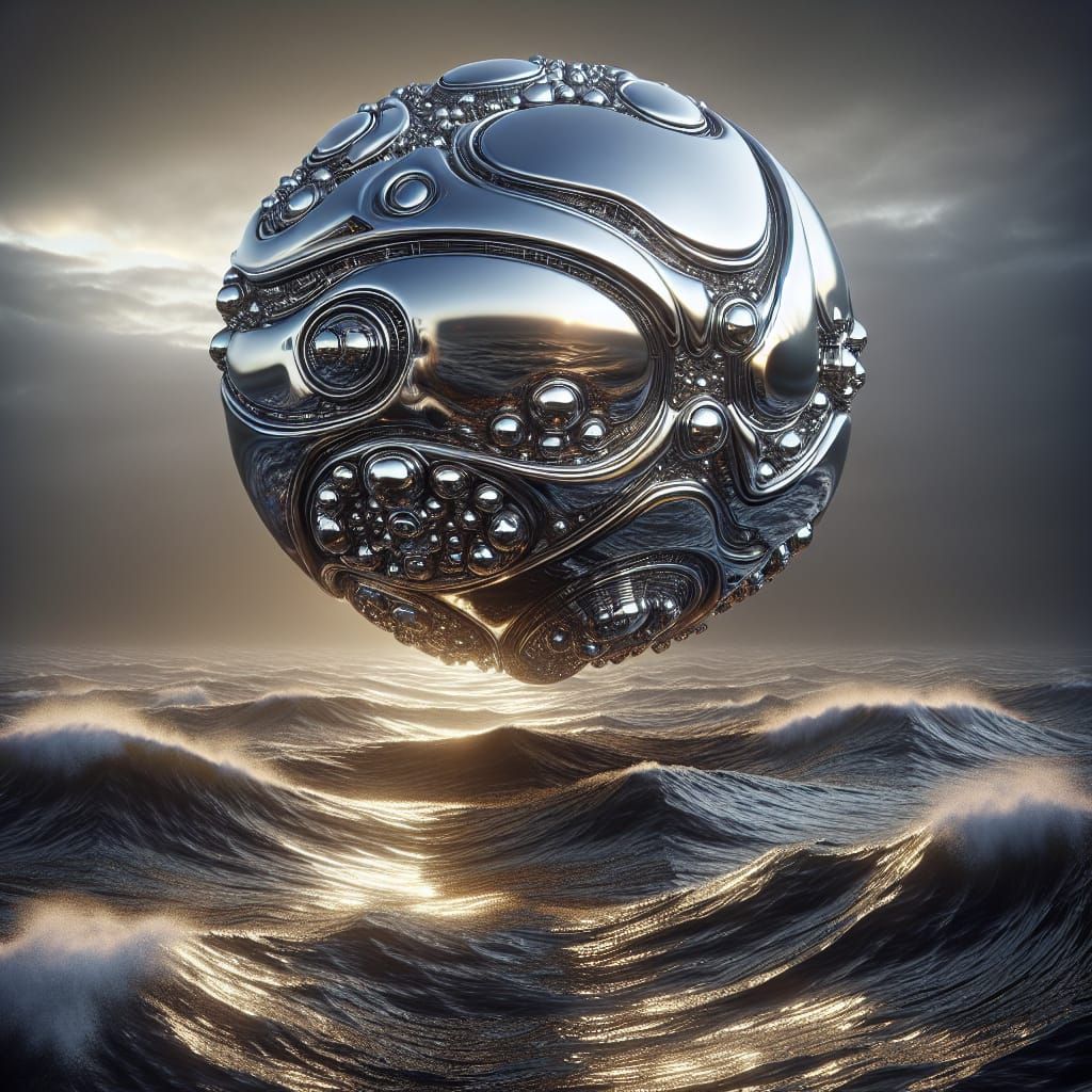 Silver Alien Orb Hovering Over Stormy Sea