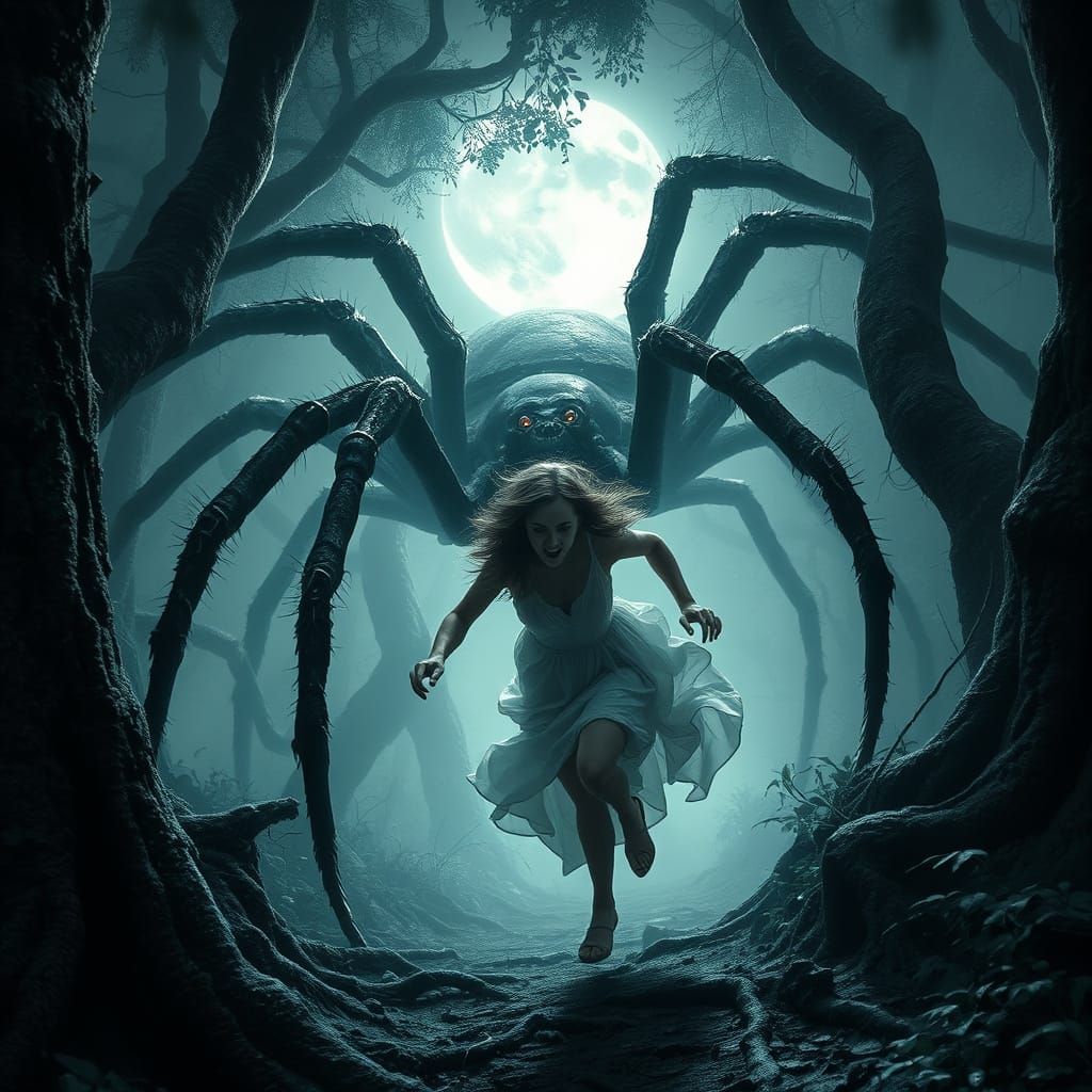 Surreal Jungle Nightmare: Woman Pursued by Massive Black Spi...