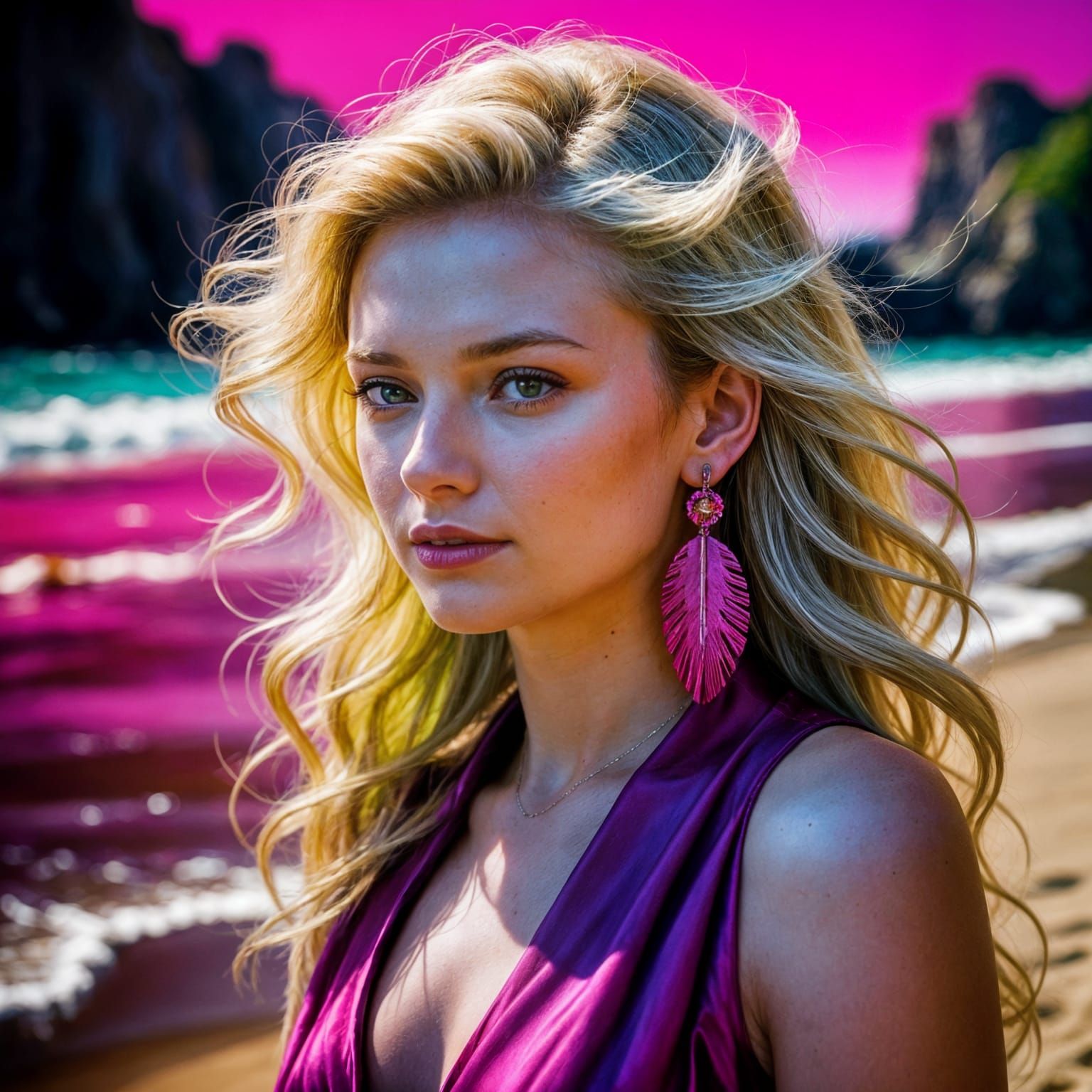 Blonde Girl in Magenta Gown on Beach
