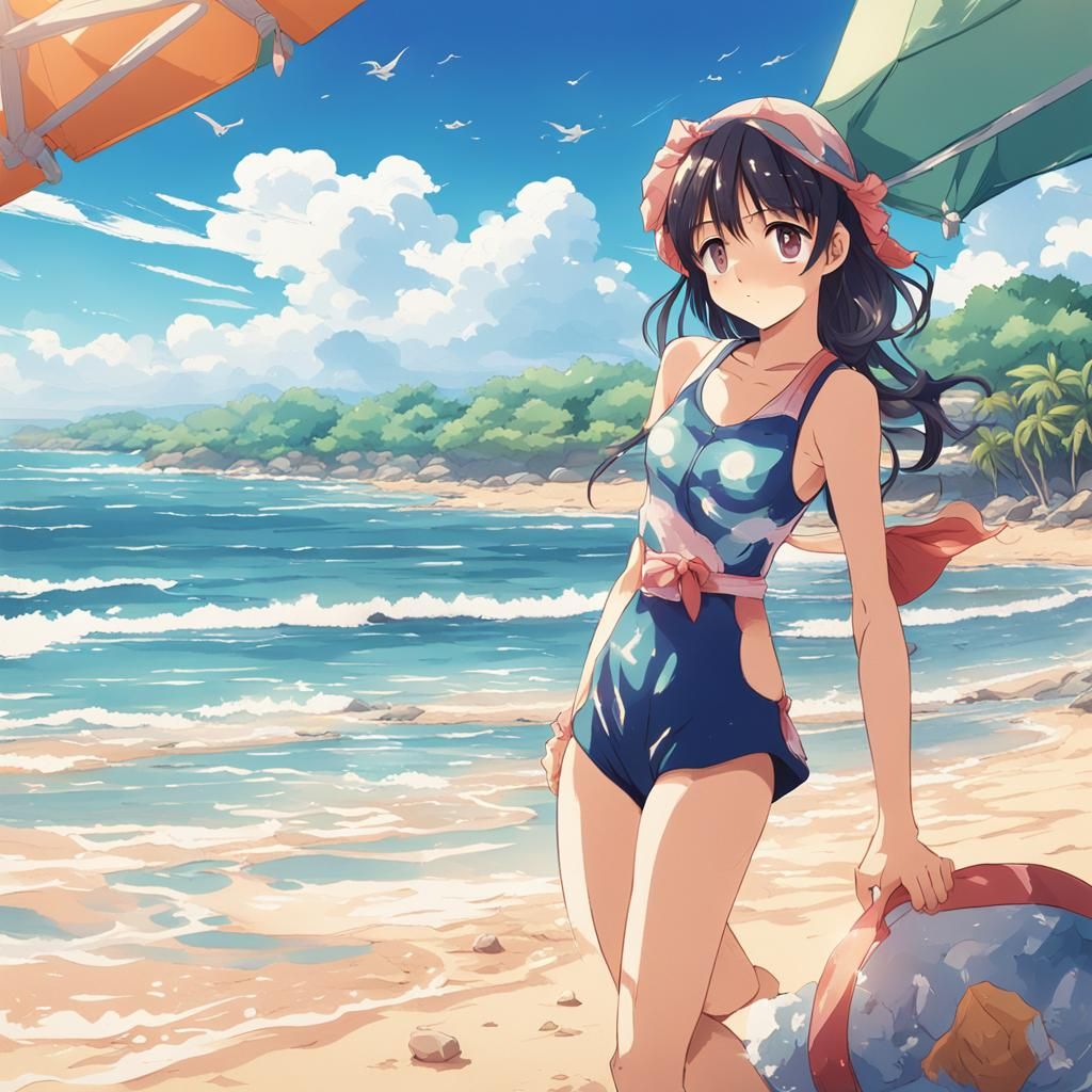 Anime Girl on Beach: Cel-Shaded Manga Illustration