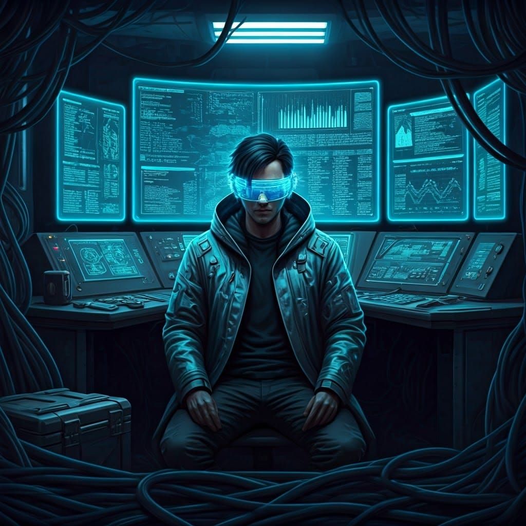 Cyberpunk Netrunner Surrounded by Holograms and Cables