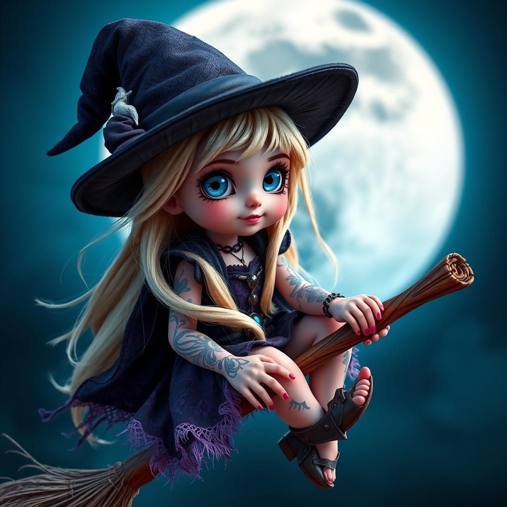 Tiny Witch Flies on Broomstick at Full Moon