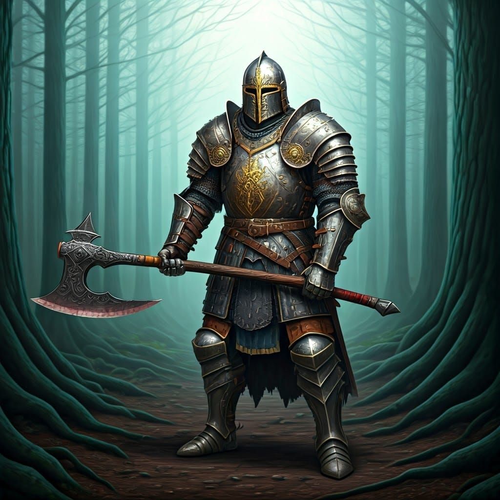 Armored Knight with Double-Bladed Axe in Mystical Forest