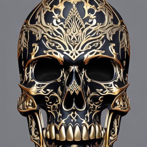 Fiery Black Skull with Gold and Silver Filigree