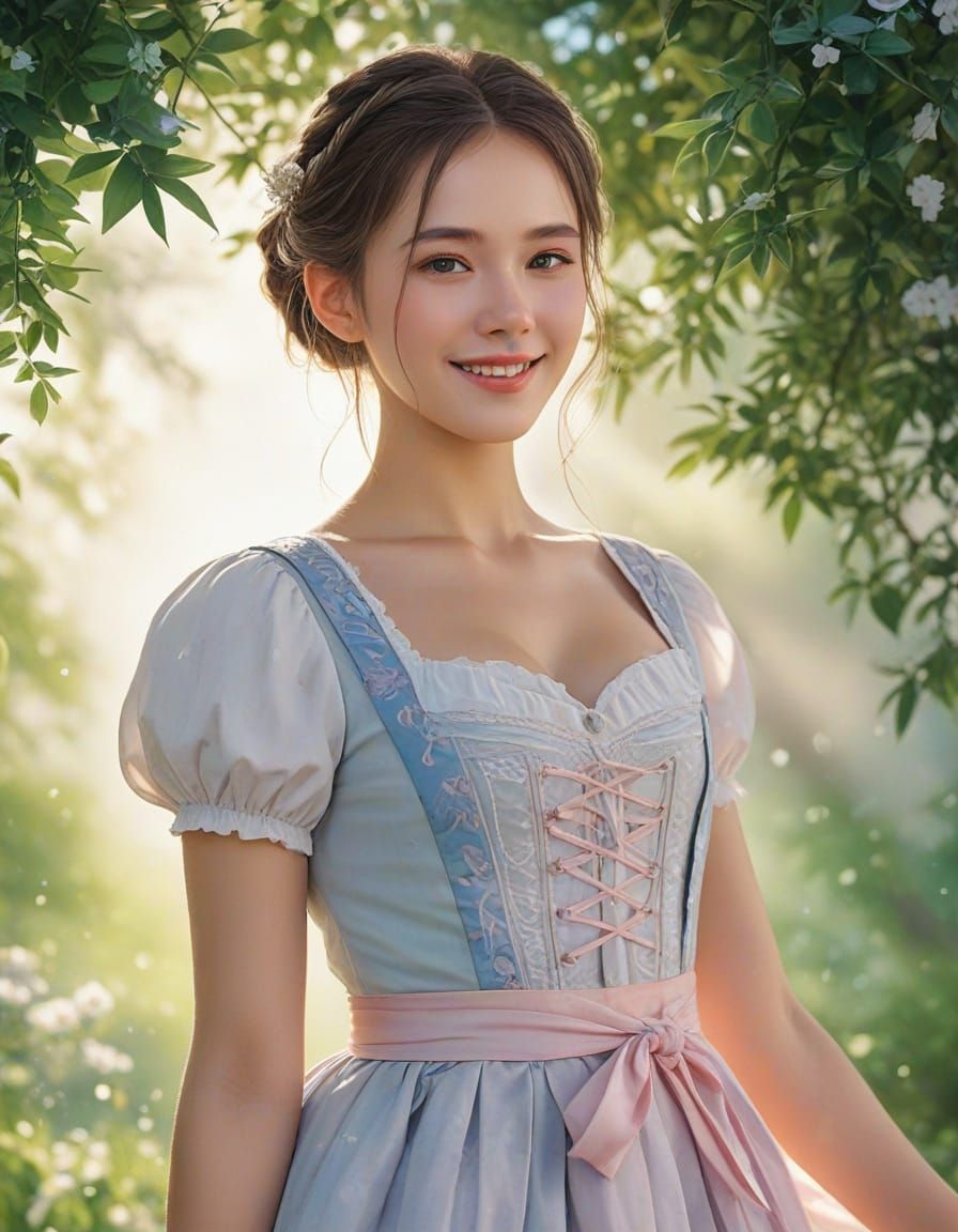 Surreal Anime Woman in Bavarian Dirndl, Watercolor Digital A...