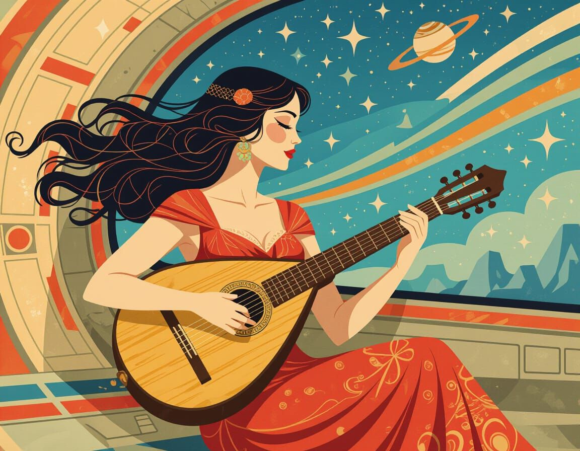 Art Deco Woman Playing Lute On Spaceship