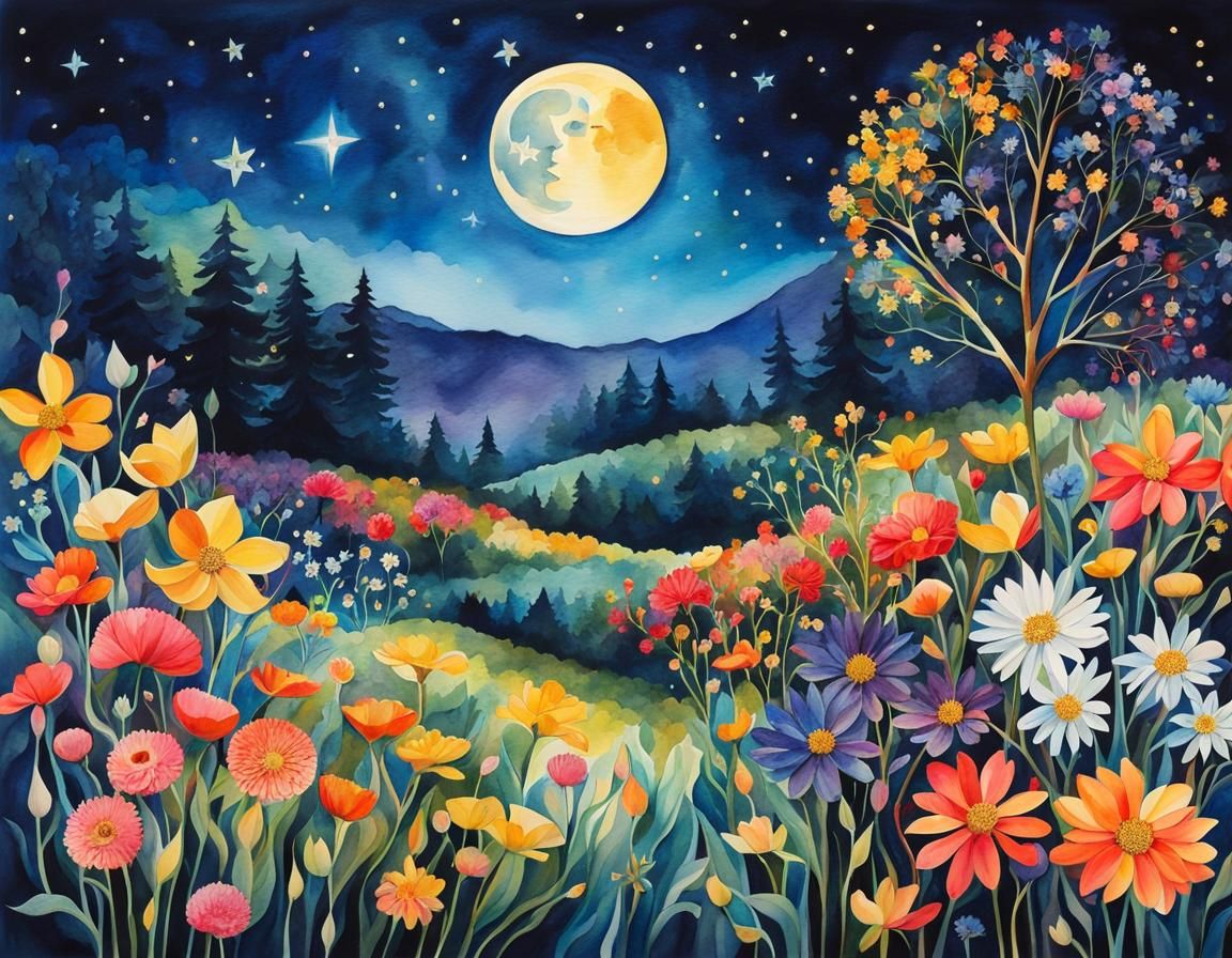 Ethereal Night Blooming Garden in Watercolor Style