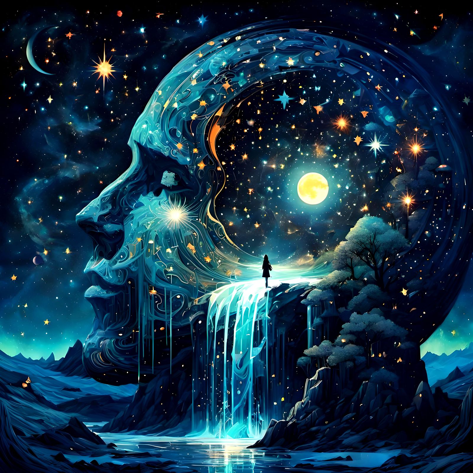 Surreal Mind Falling Through Starry Universe