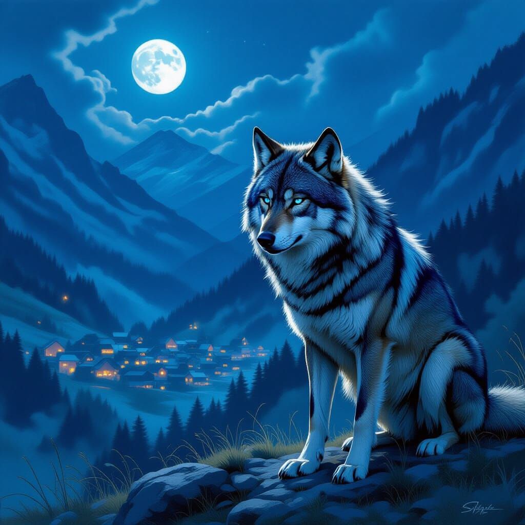 Lone Wolf Guards Moonlit Village in Painterly Style