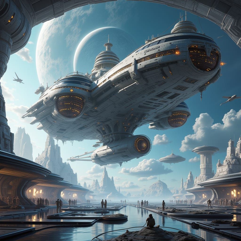 Hyperrealistic Spaceship over Futuristic Spaceport