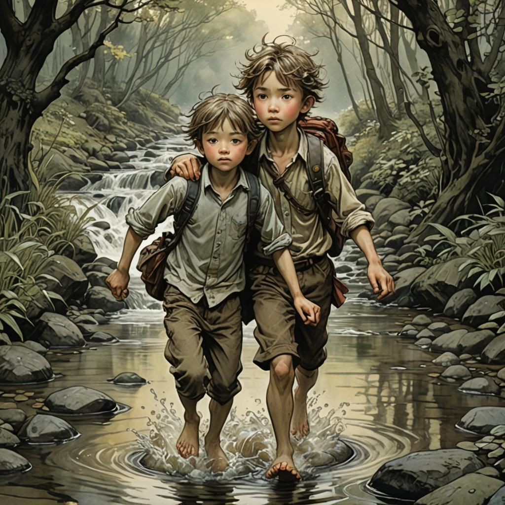 Brother and Sister in Stream, Whimsical Illustration