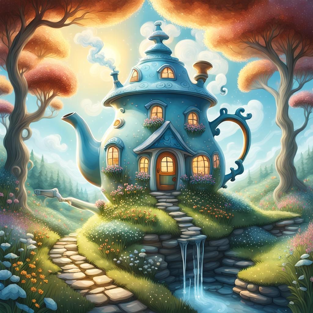 Whimsical Teapot House in Fantasy Digital Illustration