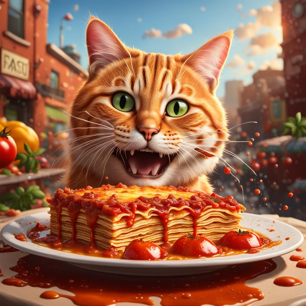 Garfield and Lasagna in Hyperrealistic Splash Art