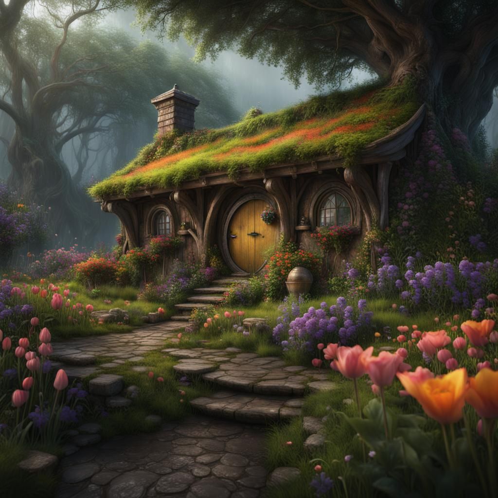 Enchanted Hobbit House in the Rain: Fantasy Concept Art