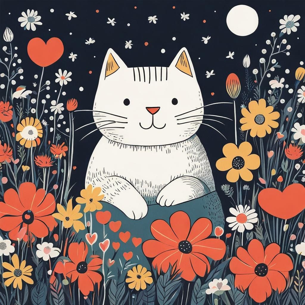 Cute Cat Surrounded by Flowers in Moomin Style
