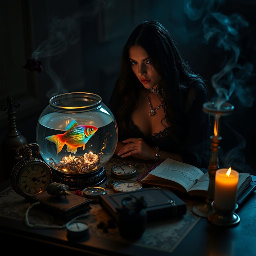 Goth Woman in Rayograph-Inspired Scene with Fish Bowl and An...
