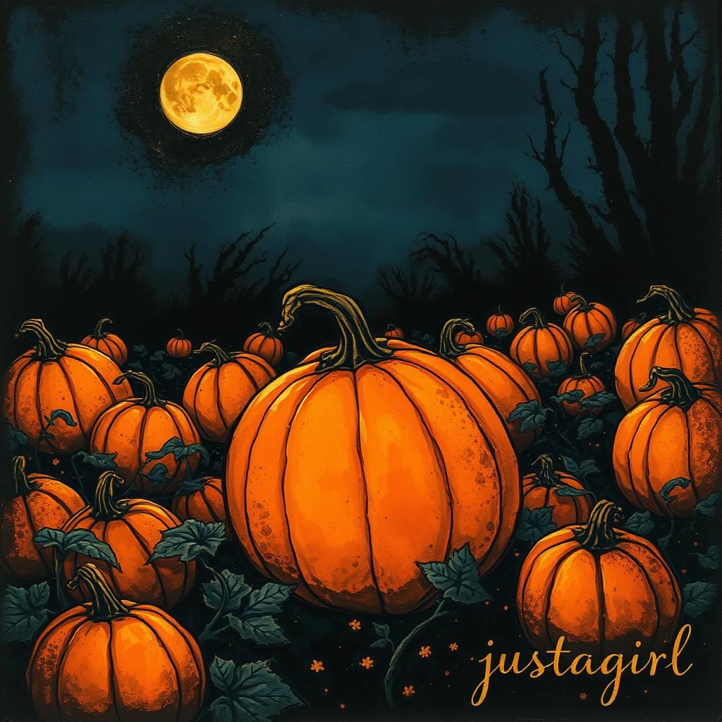 Mystical Moonlit Pumpkin Patch in Gritty Watercolor Style