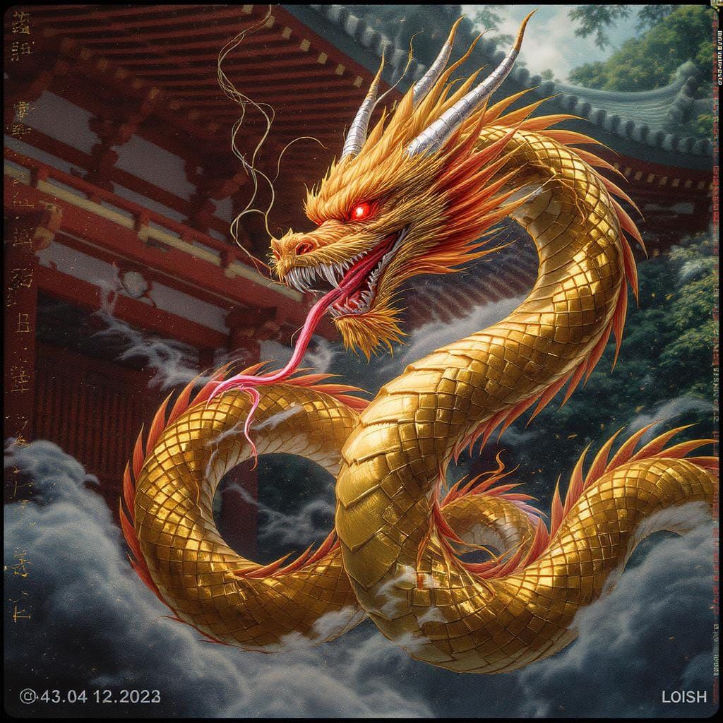 Golden Dragon Spiraling Around Japanese Temple