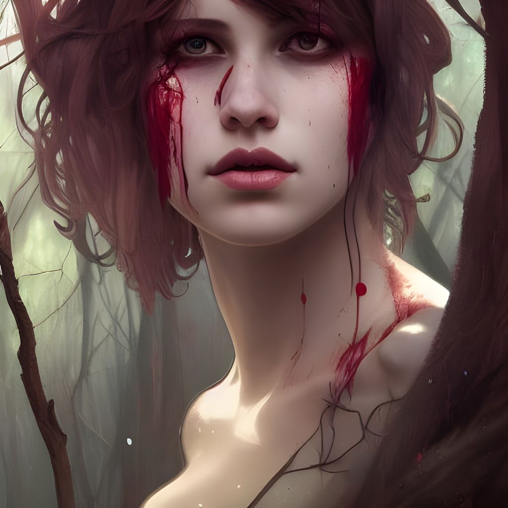 Bloody Portrait of Girl in Woods, Hyperdetailed Art