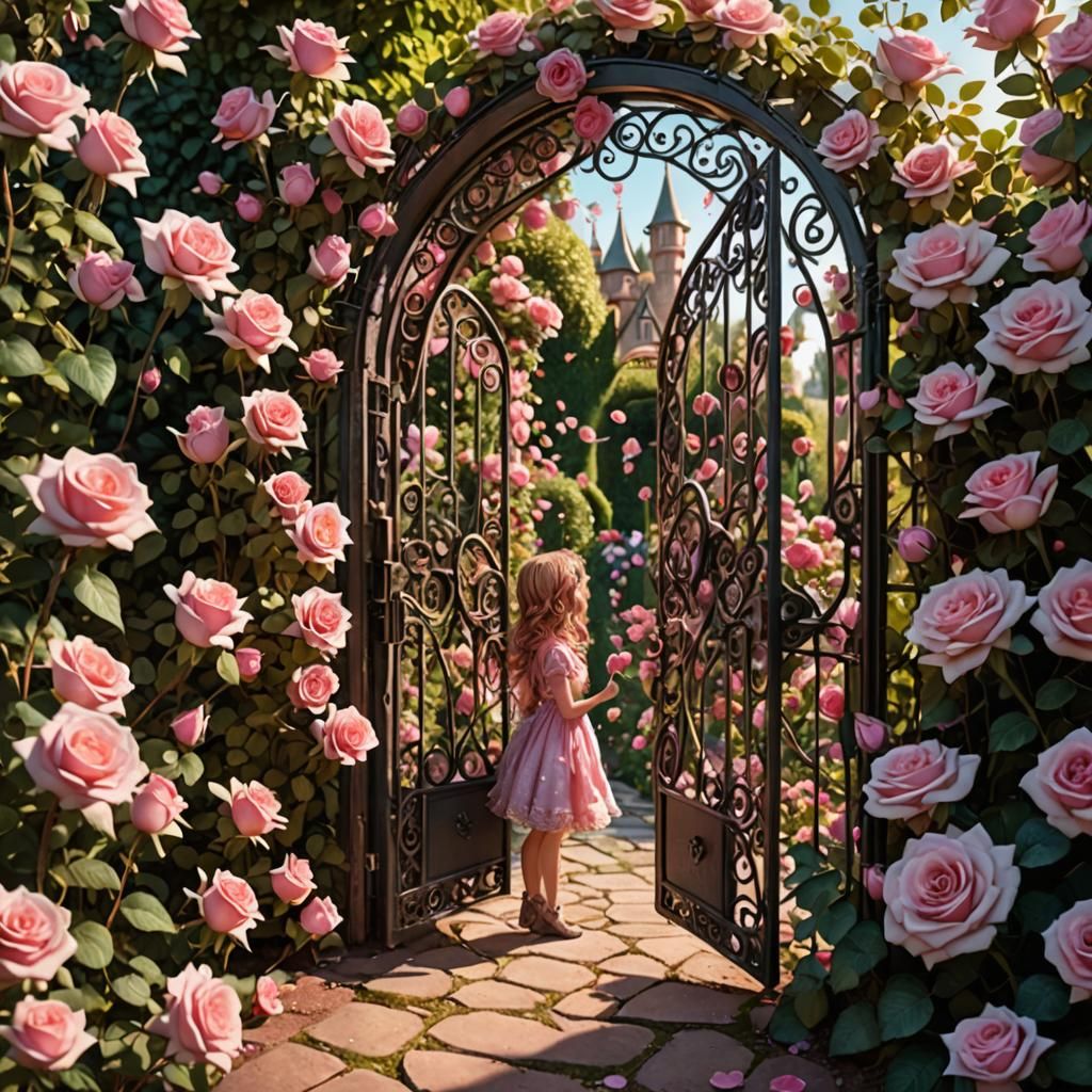 Fairy Peeks into Sparkling Rose Garden