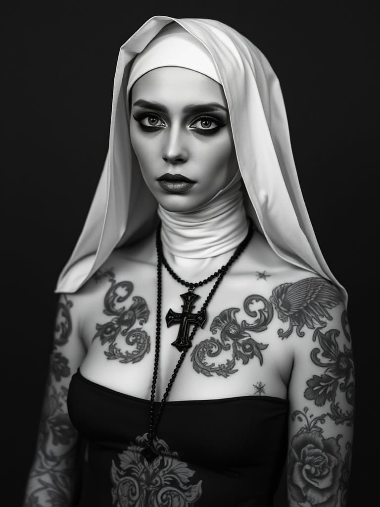 Gothic Nun With Tattoos in Silver Gelatin Style