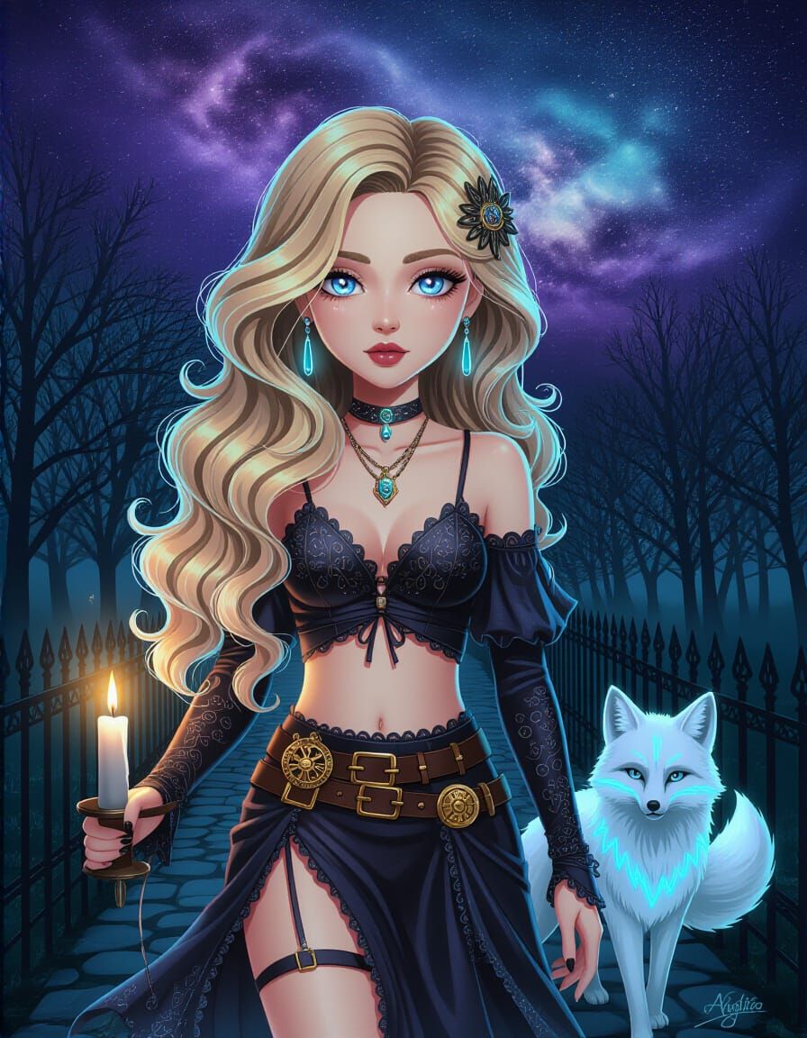 Ethereal Steampunk Anime Woman in Enchanted Park