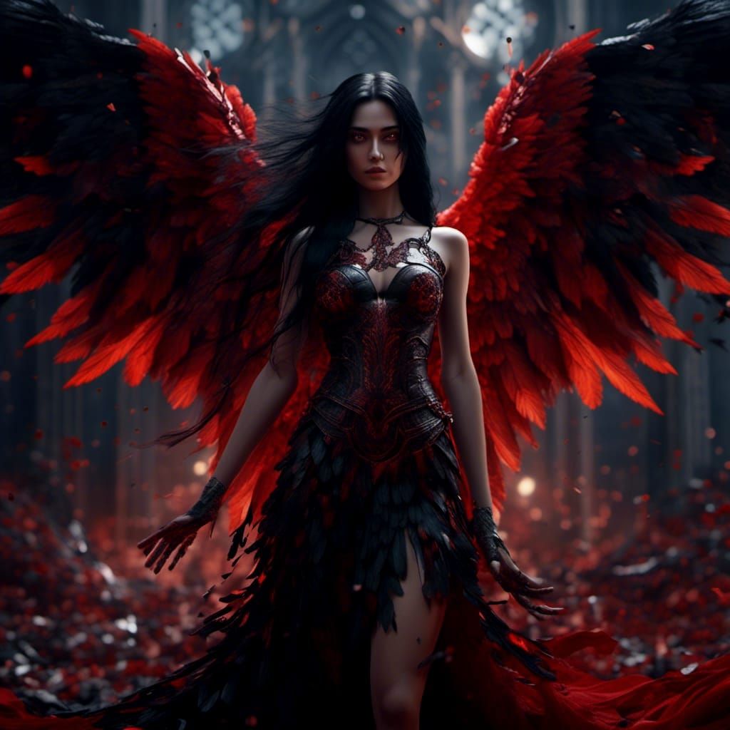 Surreal Fallen Angel with Black and Red Wings in Hyperrealis...