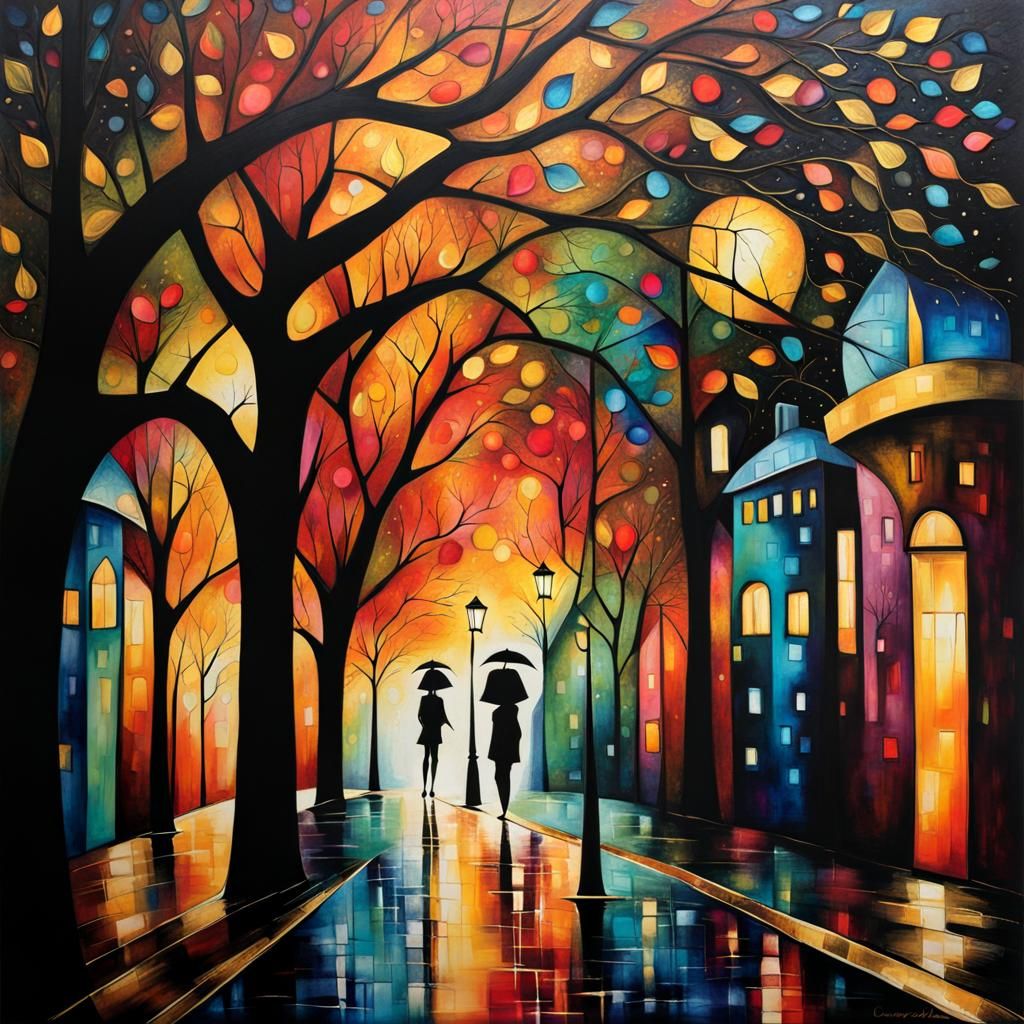 Rainy City Street Scene in Cubist Style