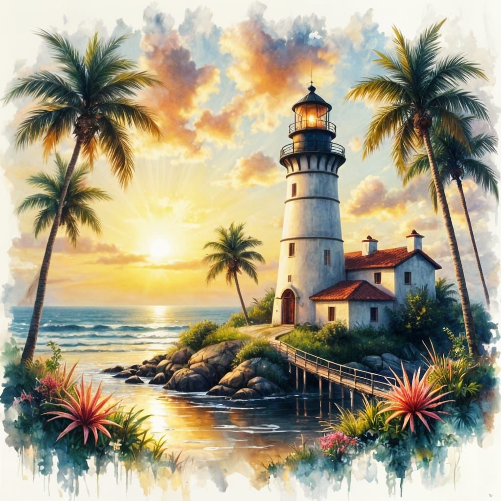 Tropical Island Lighthouse in Watercolor Style