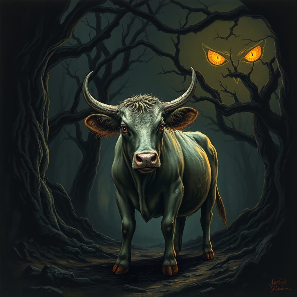 Frightened Cow in Dark Forest, Gustave Doré Style