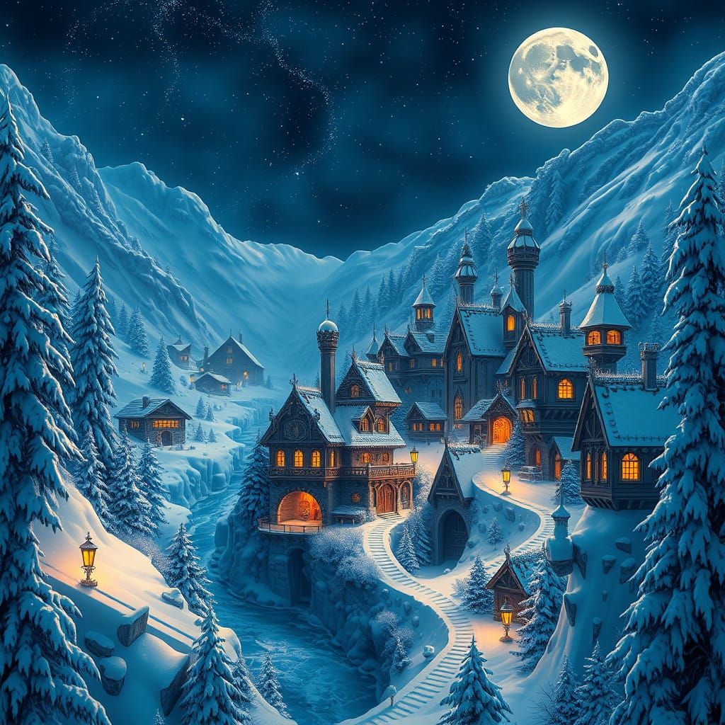 Mystical Christmas Village under Starry Blue Skies