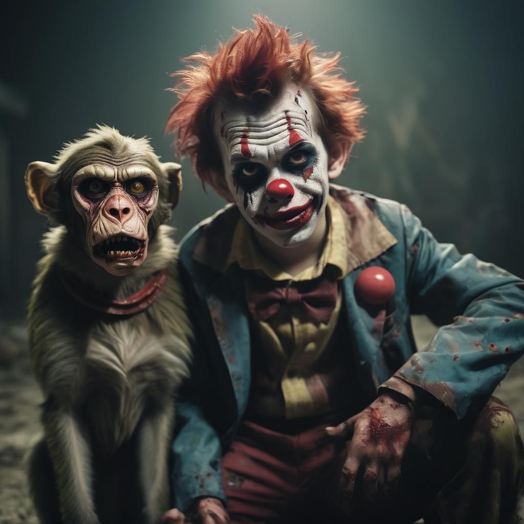 Zombie Clown Child with Monkey and Dog