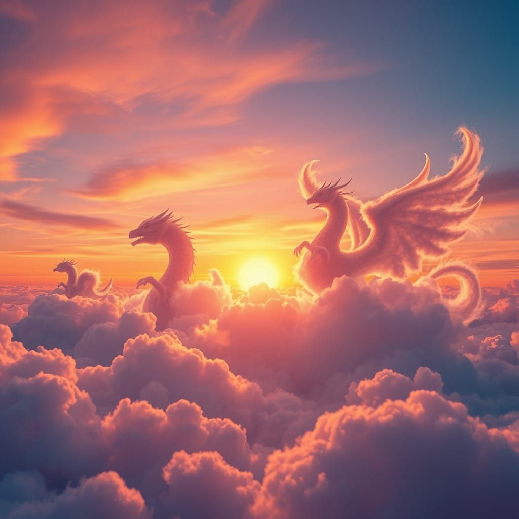 Mystical Cloud Creatures at Sunset in Vibrant Sky