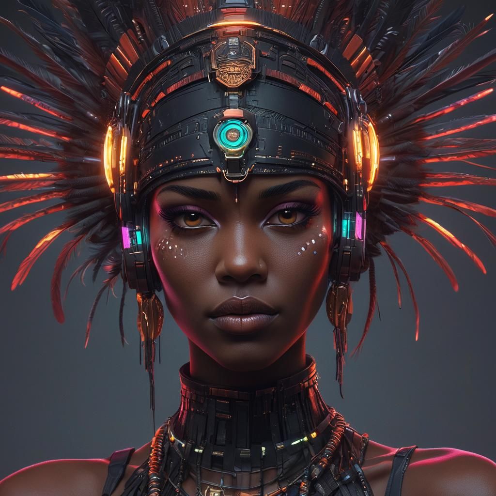 African Cyberpunk Flapper in Neon Headdress
