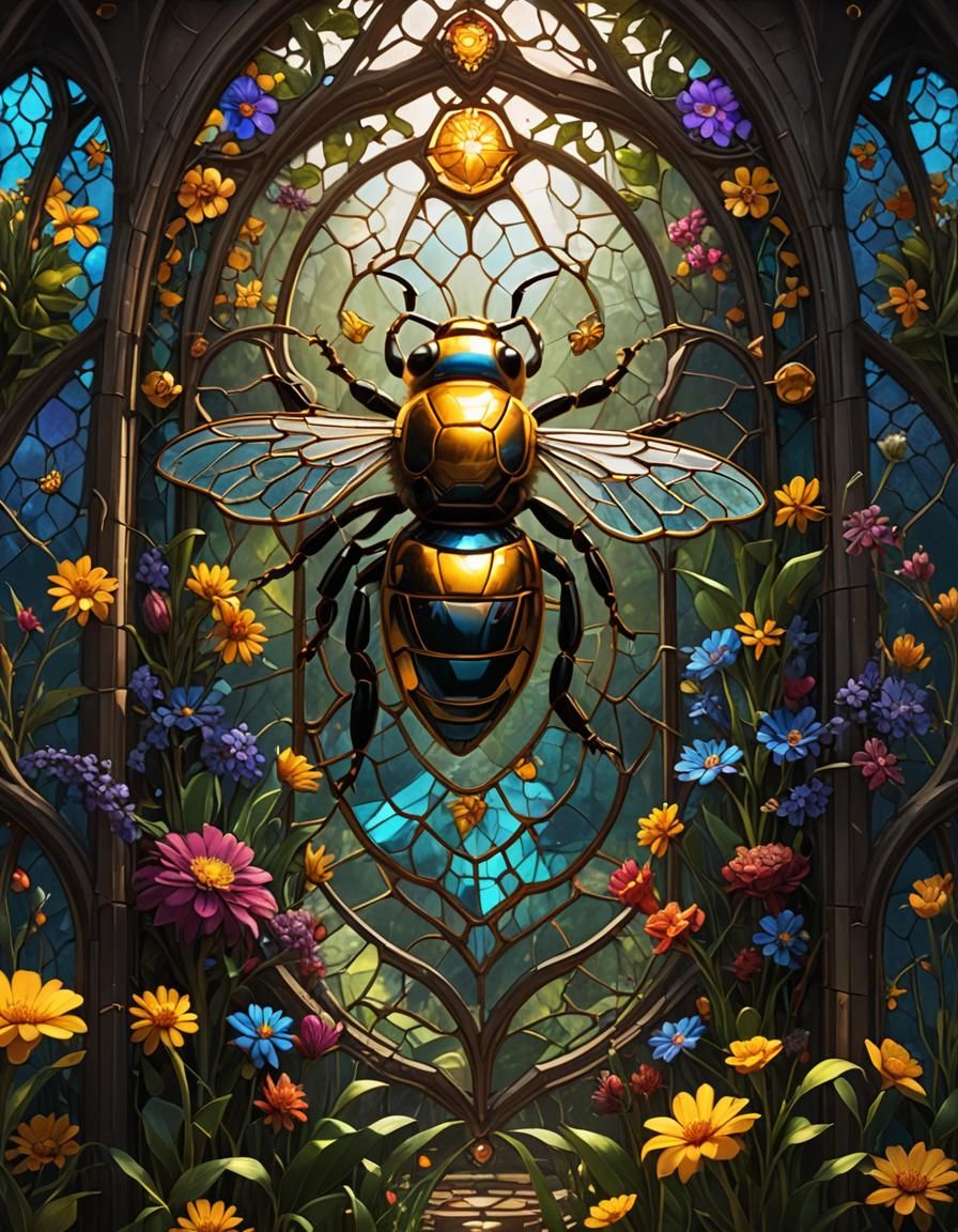 Stained Glass Bee in Detailed Fantasy Art