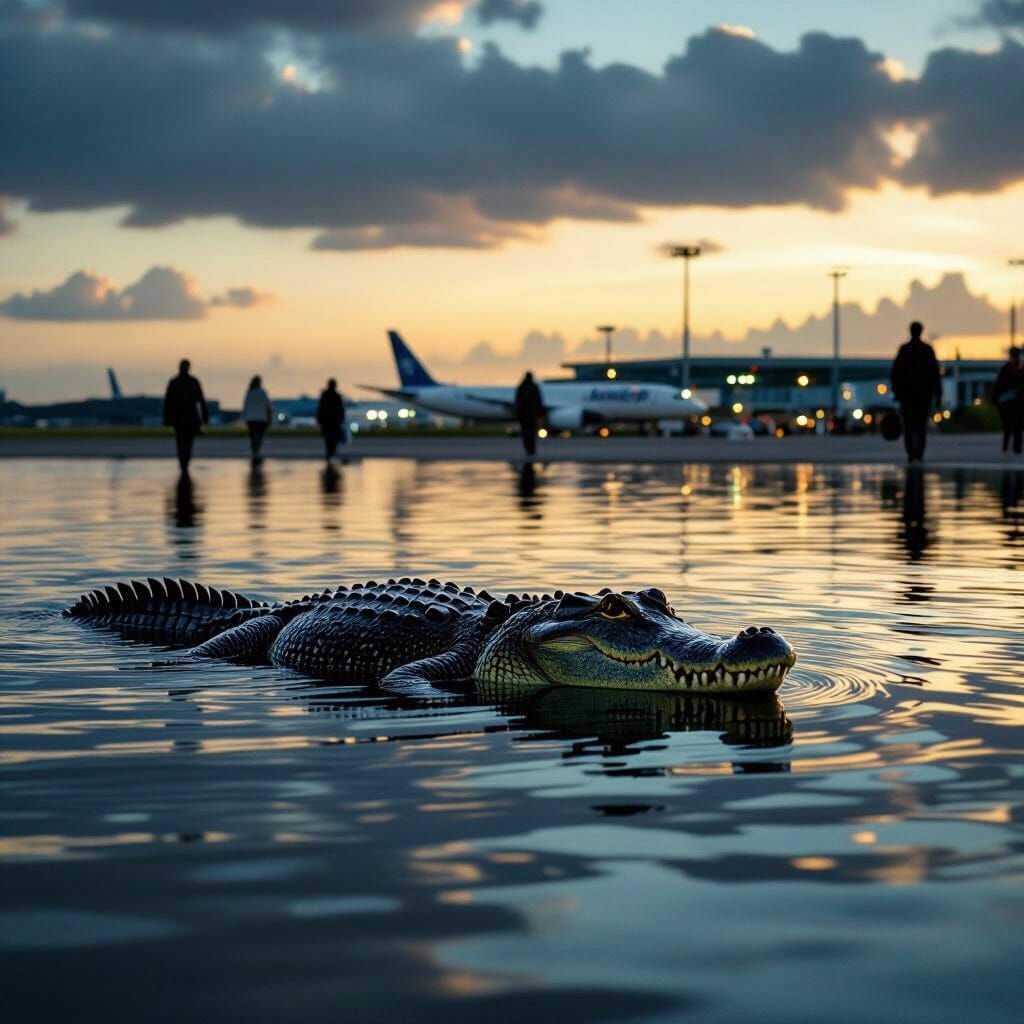 Crocodile in Serene Lake Near Bustling Airport