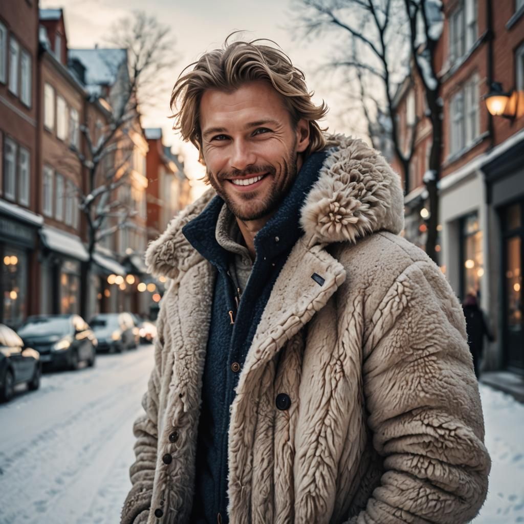 Handsome Scandinavian Man in Winter Coat, Hyperrealistic