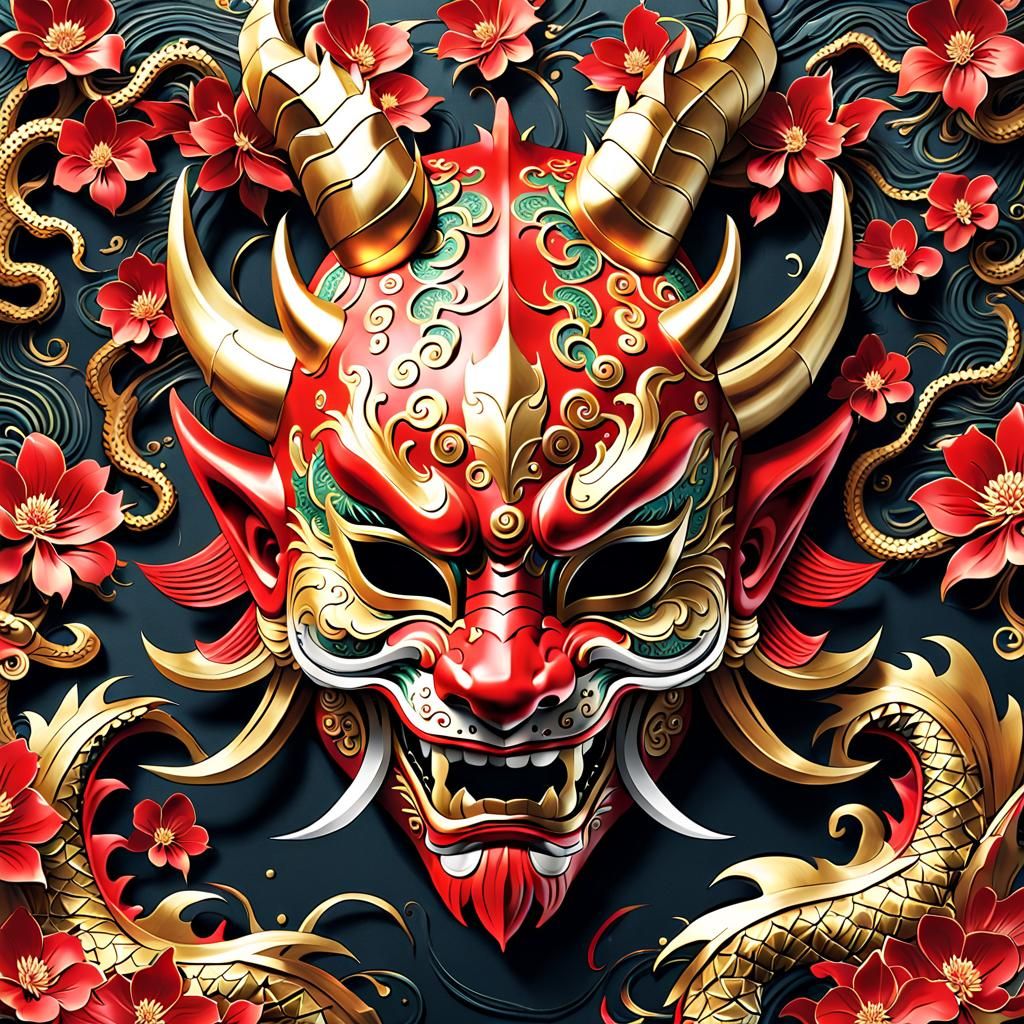 Intricate Japanese Dragon Mask in Matte Painting Style