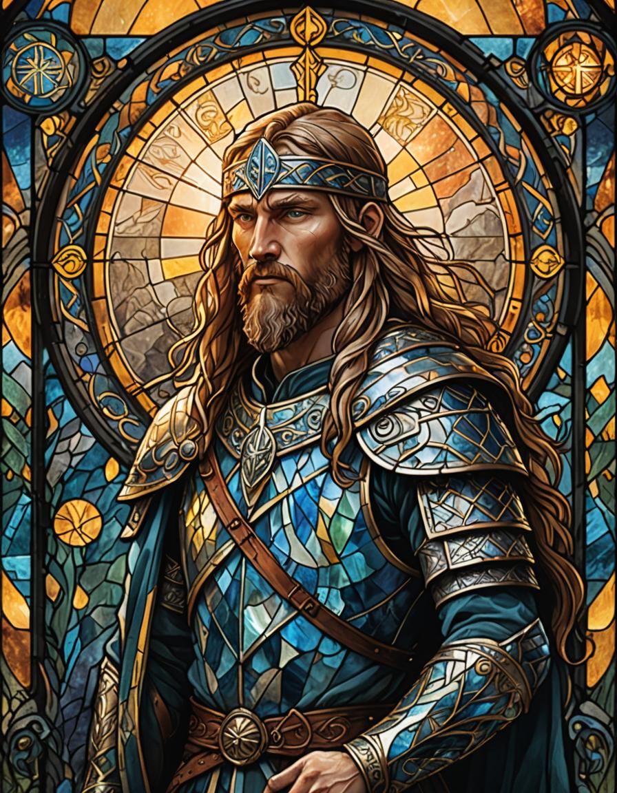 Stained Glass Portrait of Nordic Spearman in Art Nouveau