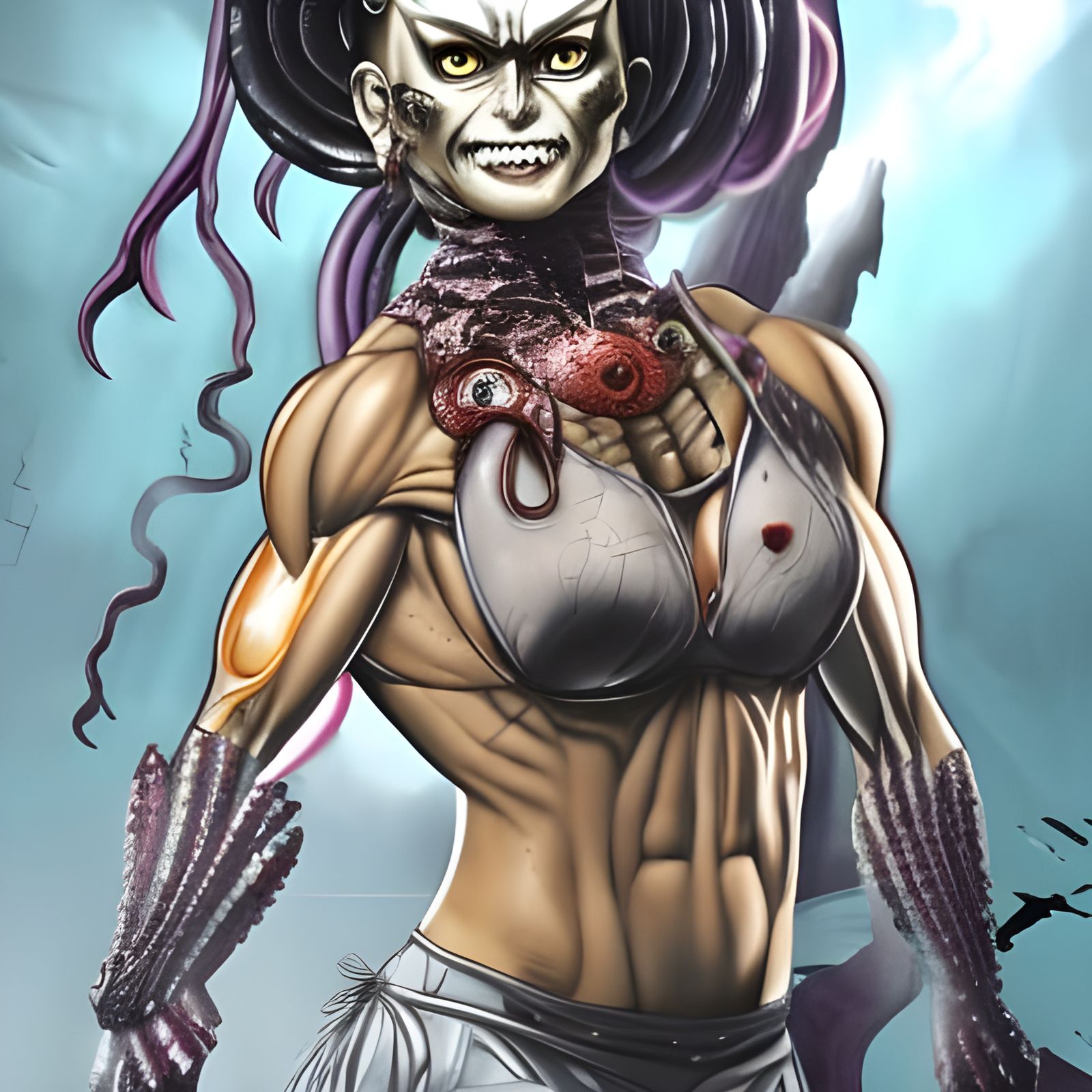 Creepy Muscle Goddess in Horror Space, Digital Oil Painting