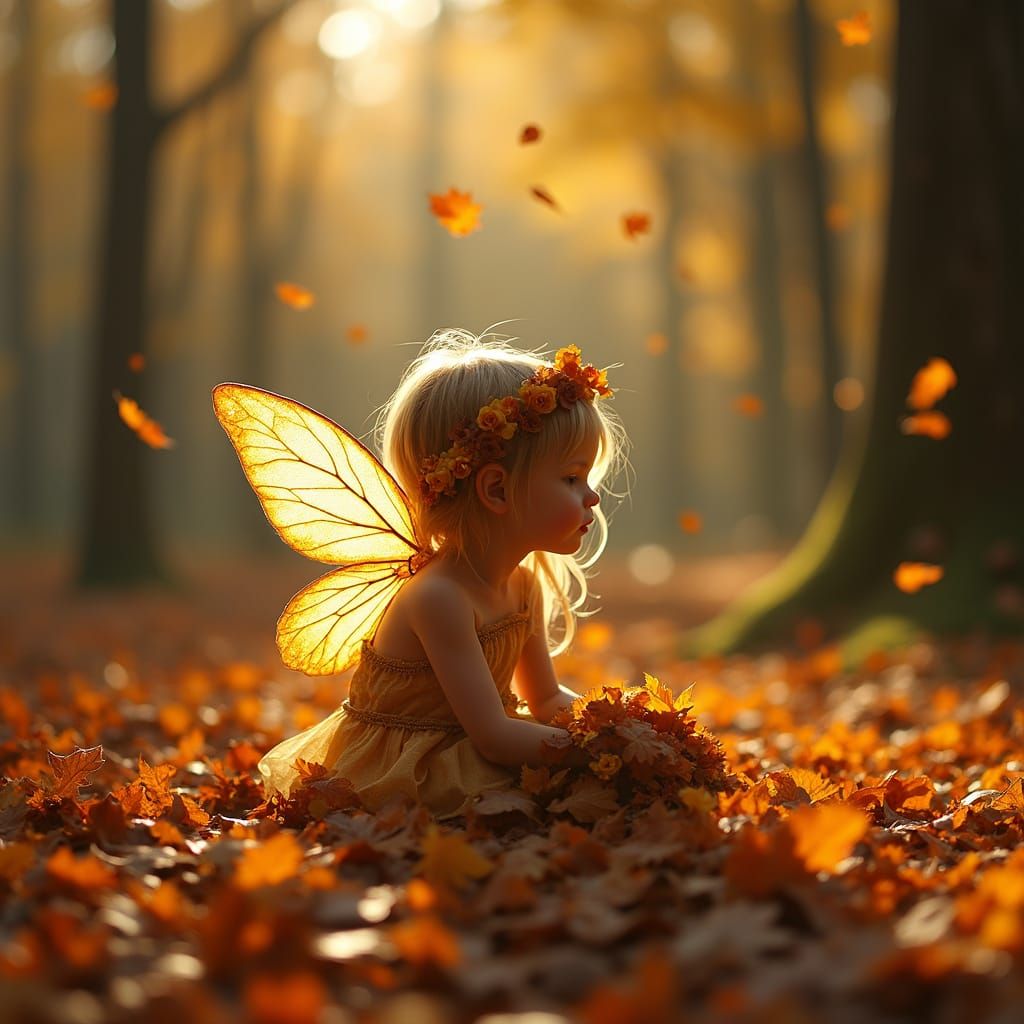 fairy in pile of autumn leaves