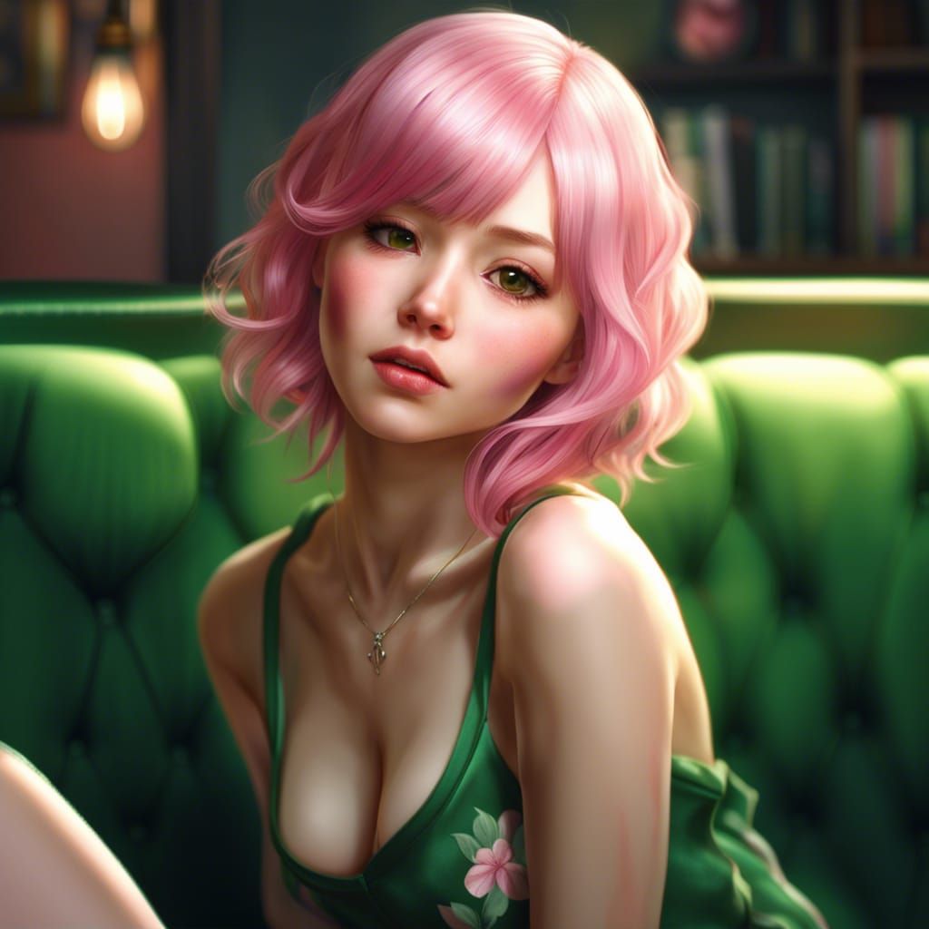 Pink-Haired Model on Green Couch, Art Nouveau Style