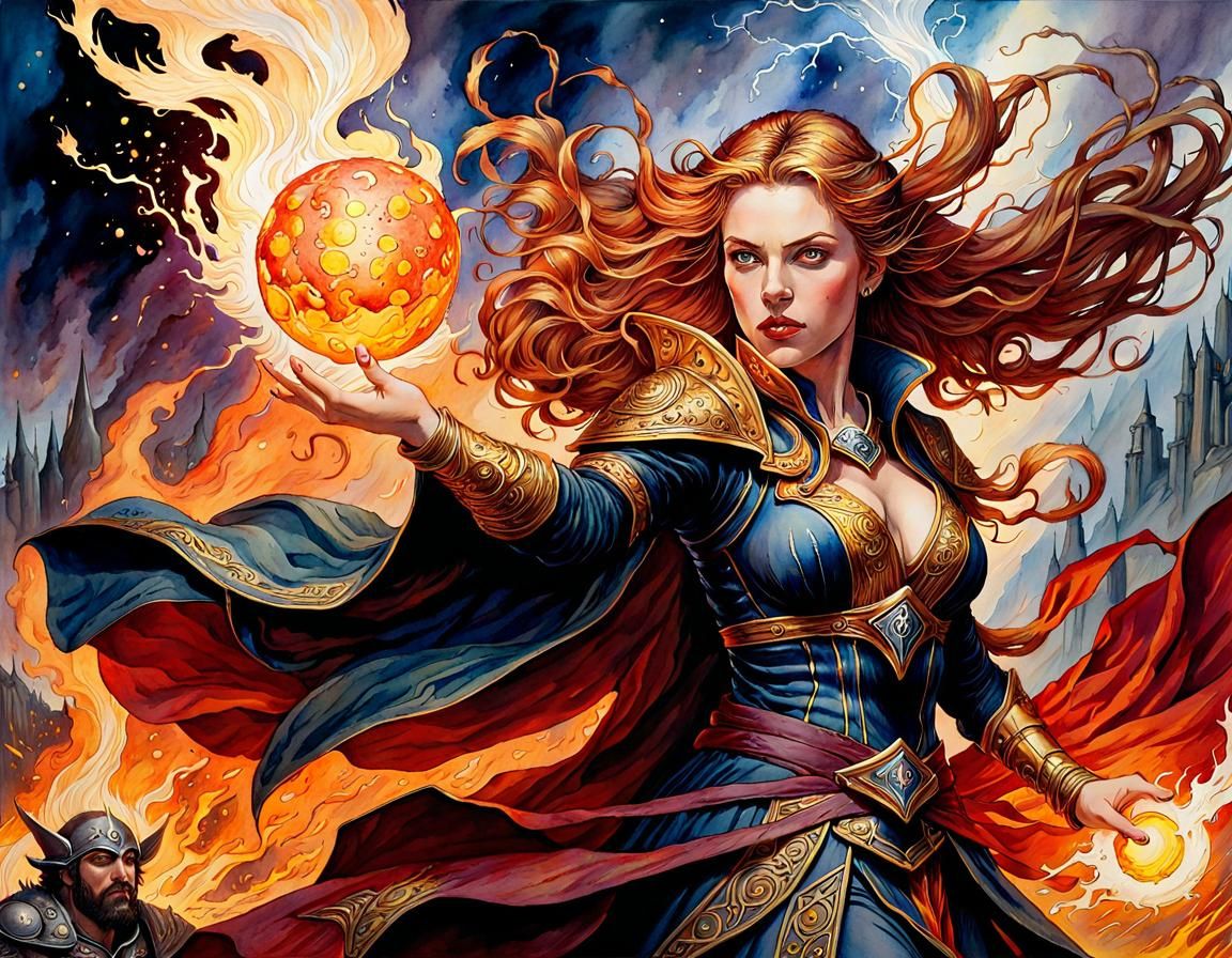 Powerful Sorceress Casting Fireball in Watercolor Style